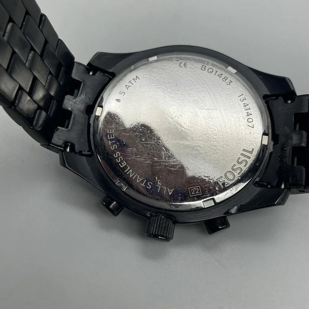Fossil BQ1483 Mens Watch 42mm Black Stainless Chronograph Date New Battery 7
